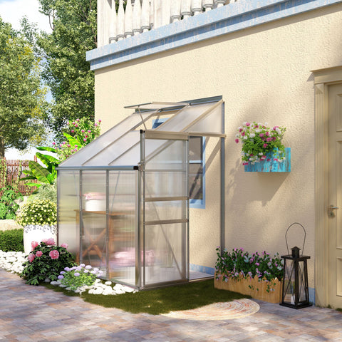 A sleek clear outsunny 6 x 4ft lean to wall greenhouse with aluminium alloy frame and polycarbonate panels create a perfect garden space
