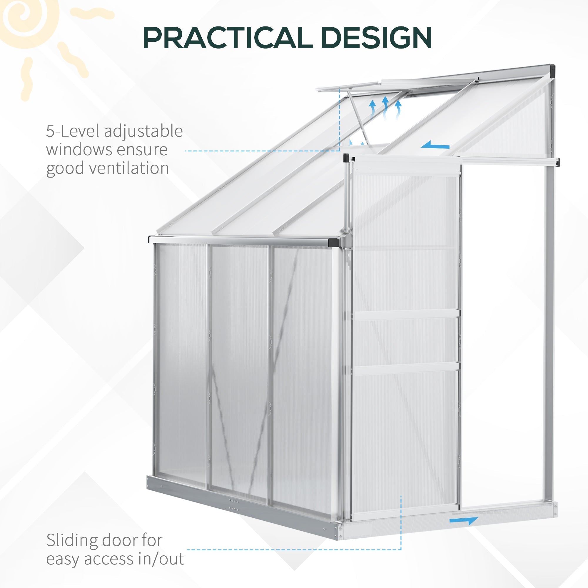 Silver-framed outsunny lean to wall greenhouse with clear polycarbonate panels and aluminium alloy frame sliding door