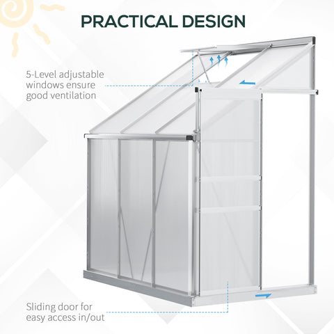 Silver-framed outsunny lean to wall greenhouse with clear polycarbonate panels and aluminium alloy frame sliding door