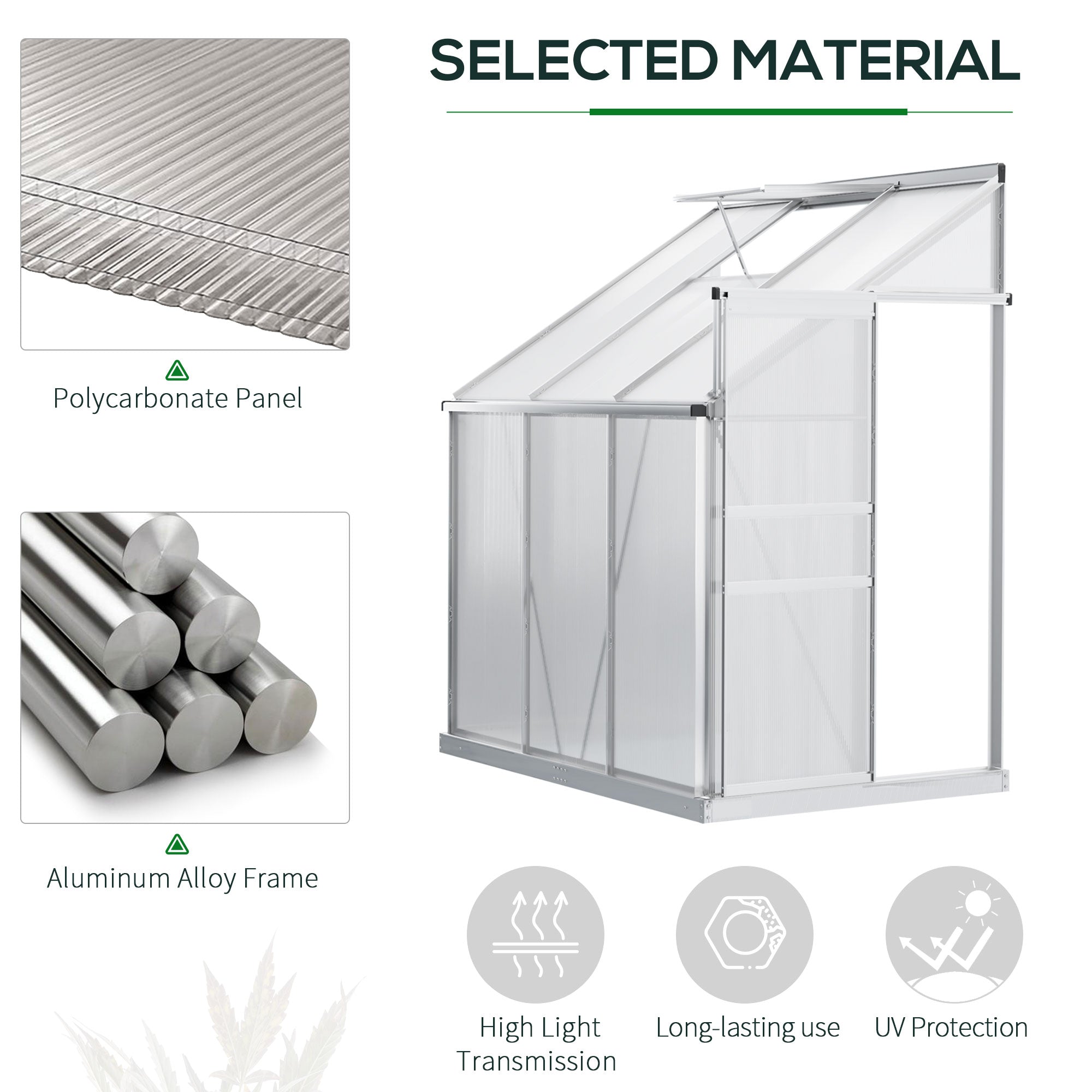 Silver framed outsunny 6x4ft lean to wall greenhouse with aluminium alloy frame and clear polycarbonate panels create