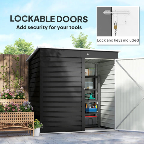 Black metal garden storage shed with lockable doors and interior shelving made of galvanised steel in dark grey