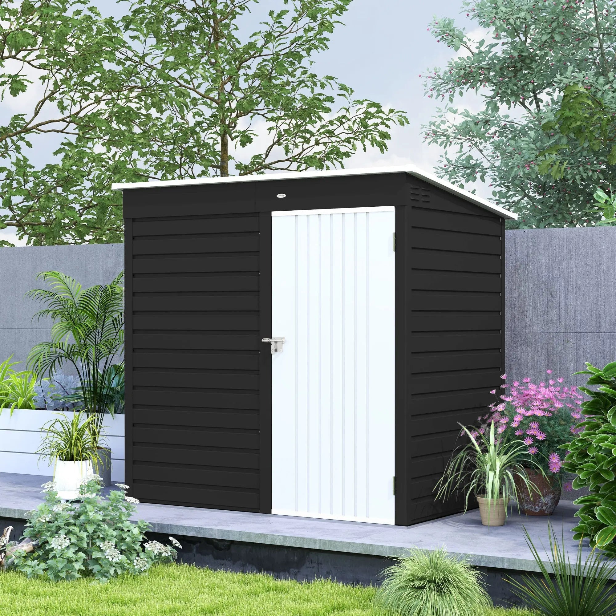 Black and white outsunny garden storage shed with vertical galvanised steel siding and lockable silver handle door