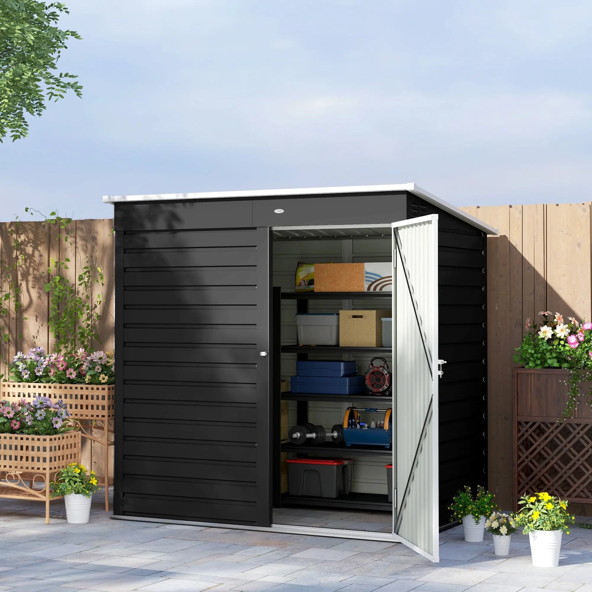Black and white outsunny 6 x 4ft garden storage shed made of galvanised steel with open door showing organized shelves