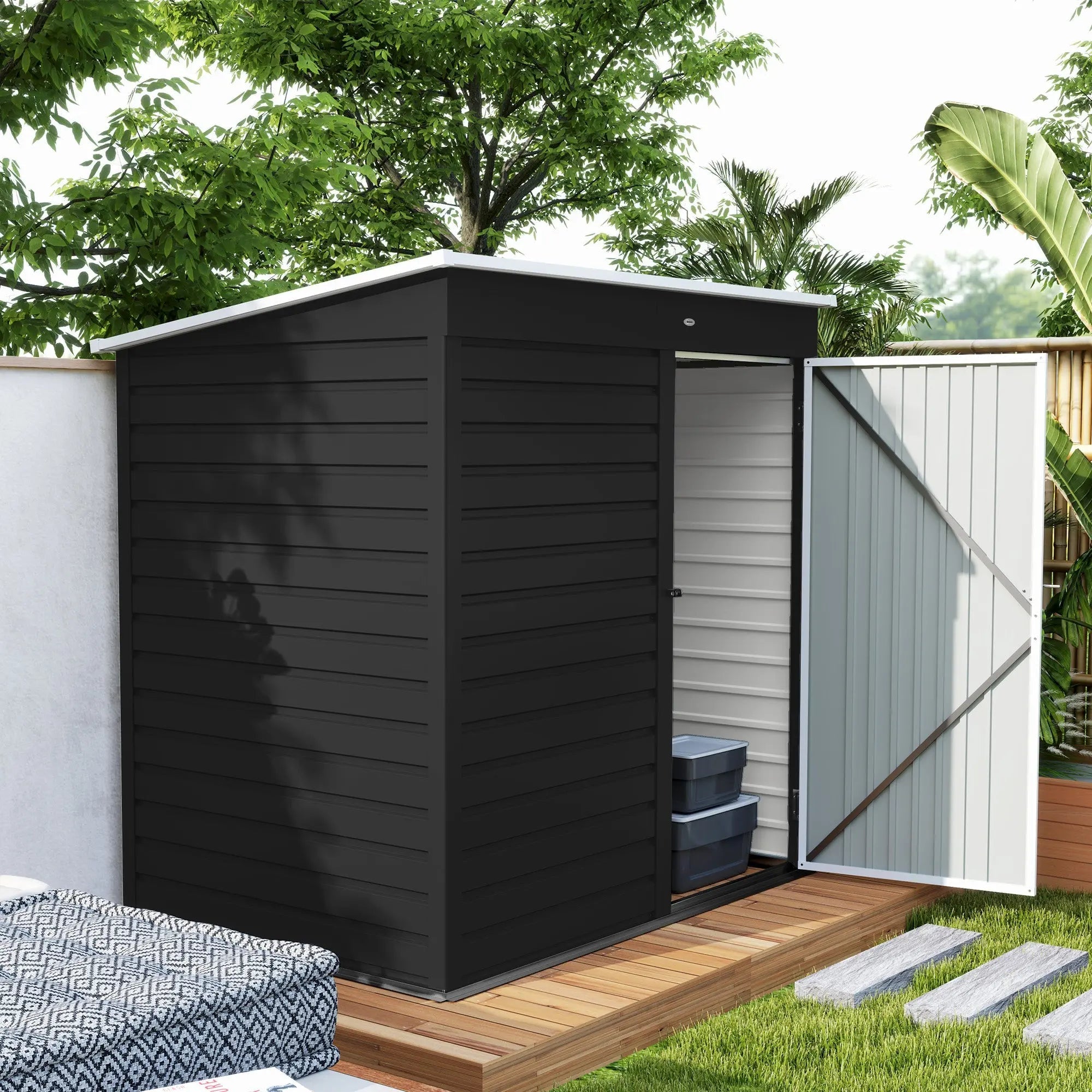 Black and white outsunny 6 x 4ft garden storage shed with galvanised steel slatted siding and a partially open lockable door