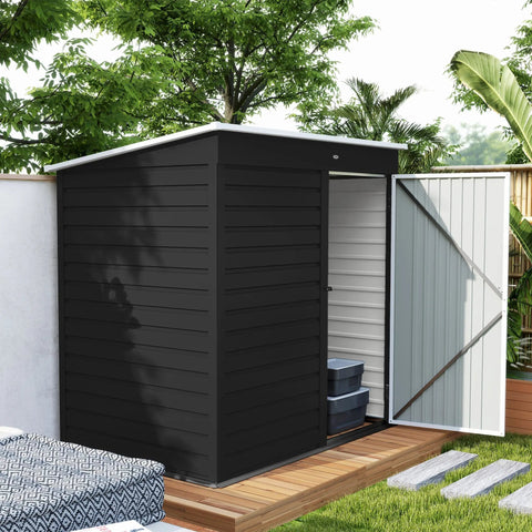 Black and white outsunny 6 x 4ft garden storage shed with galvanised steel slatted siding and a partially open lockable door