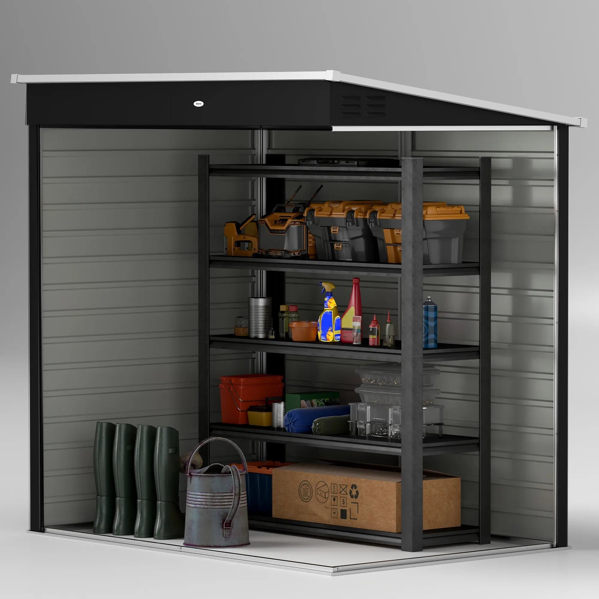 Black metal garden storage shed with gray galvanized steel siding and white roof edge for outdoor tool storage