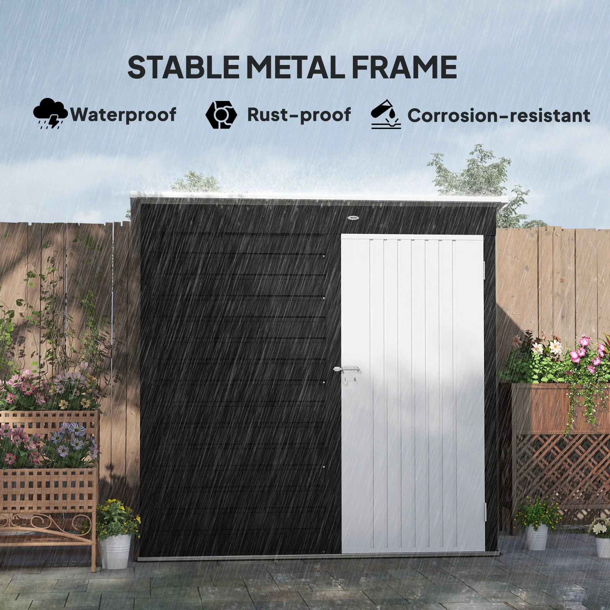 Black and white galvanised steel outdoor storage shed with rust proof frame and lockable door for garden use
