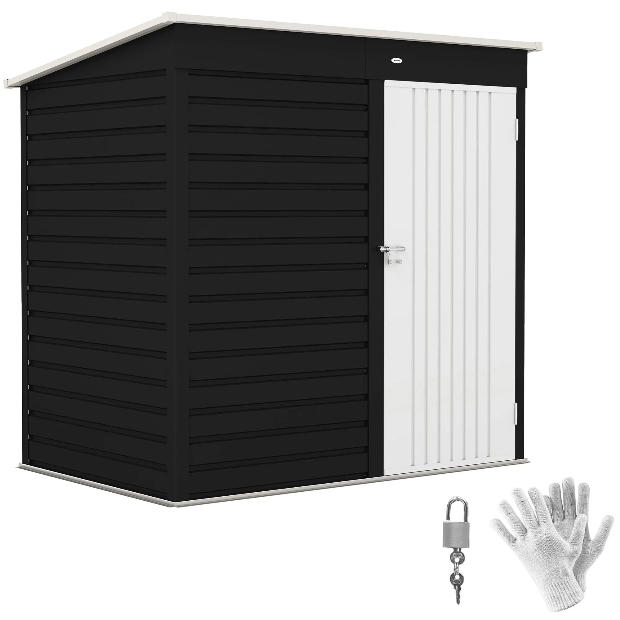 Outsunny 6 x 4ft black and white galvanised steel garden storage shed with vertical slats lockable door and gloves