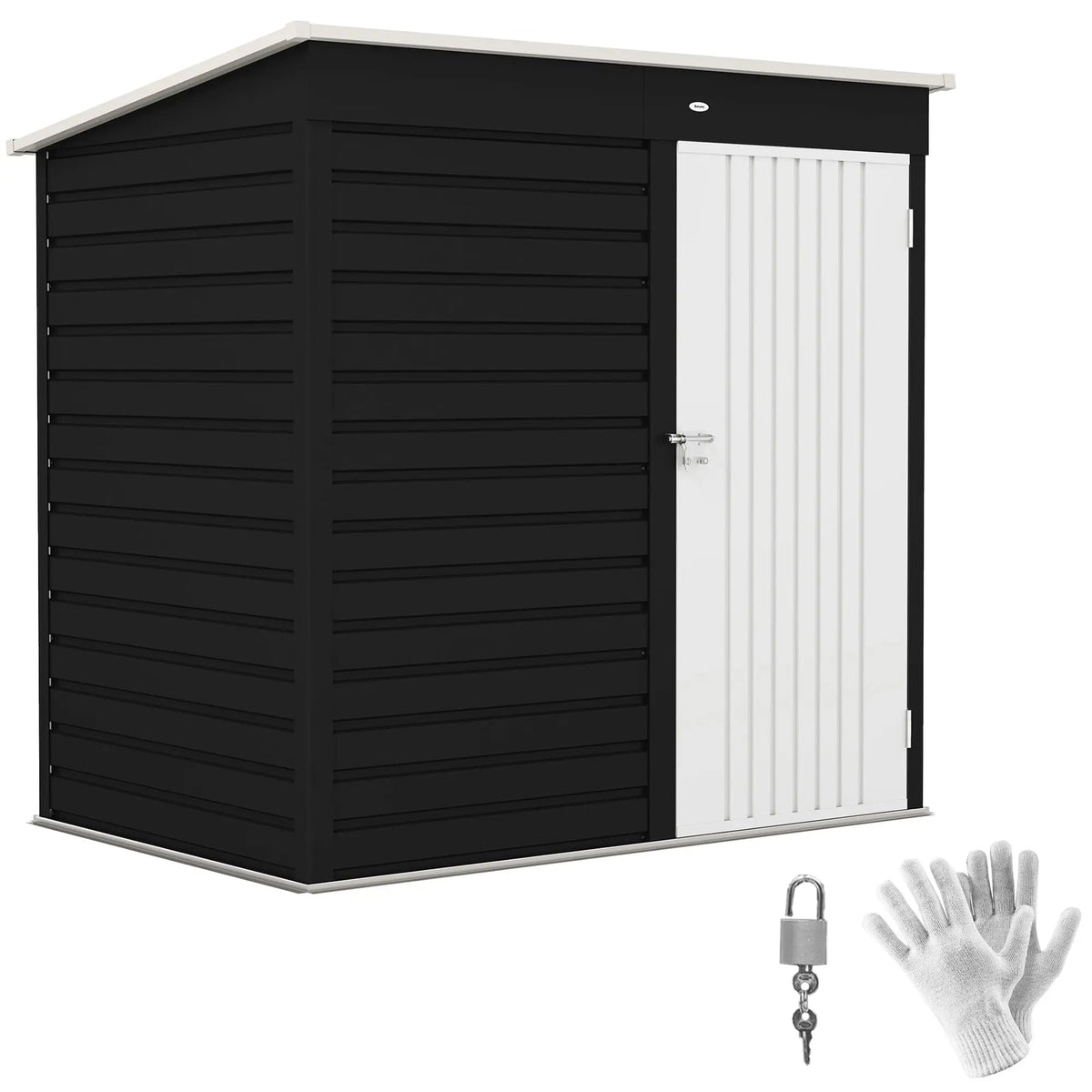 Outsunny 6 x 4ft black and white galvanised steel garden storage shed with vertical slats lockable door and gloves