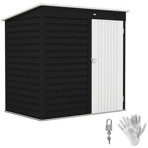Outsunny 6 x 4ft black and white galvanised steel garden storage shed with vertical slats lockable door and gloves