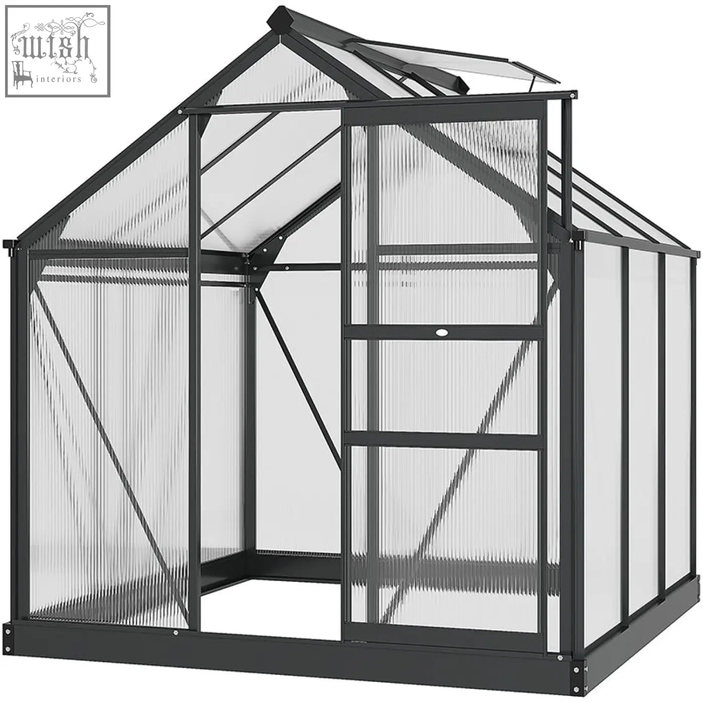 Black-framed outsunny 6x6ft greenhouse with aluminium frame, ribbed panels, slide door, window, and four ground stakes included