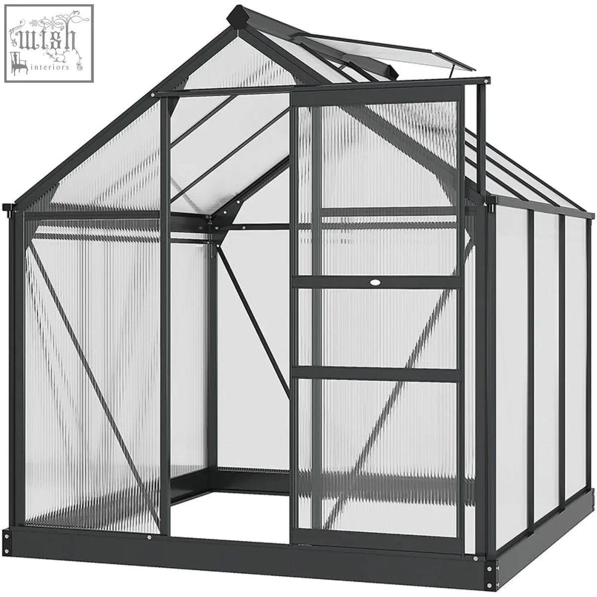 Black-framed outsunny 6x6ft greenhouse with aluminium frame, ribbed panels, slide door, window, and four ground stakes included