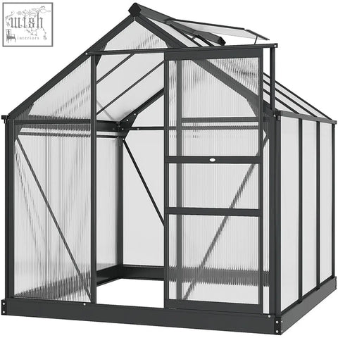 Black-framed outsunny 6x6ft greenhouse with aluminium frame, ribbed panels, slide door, window, and four ground stakes included