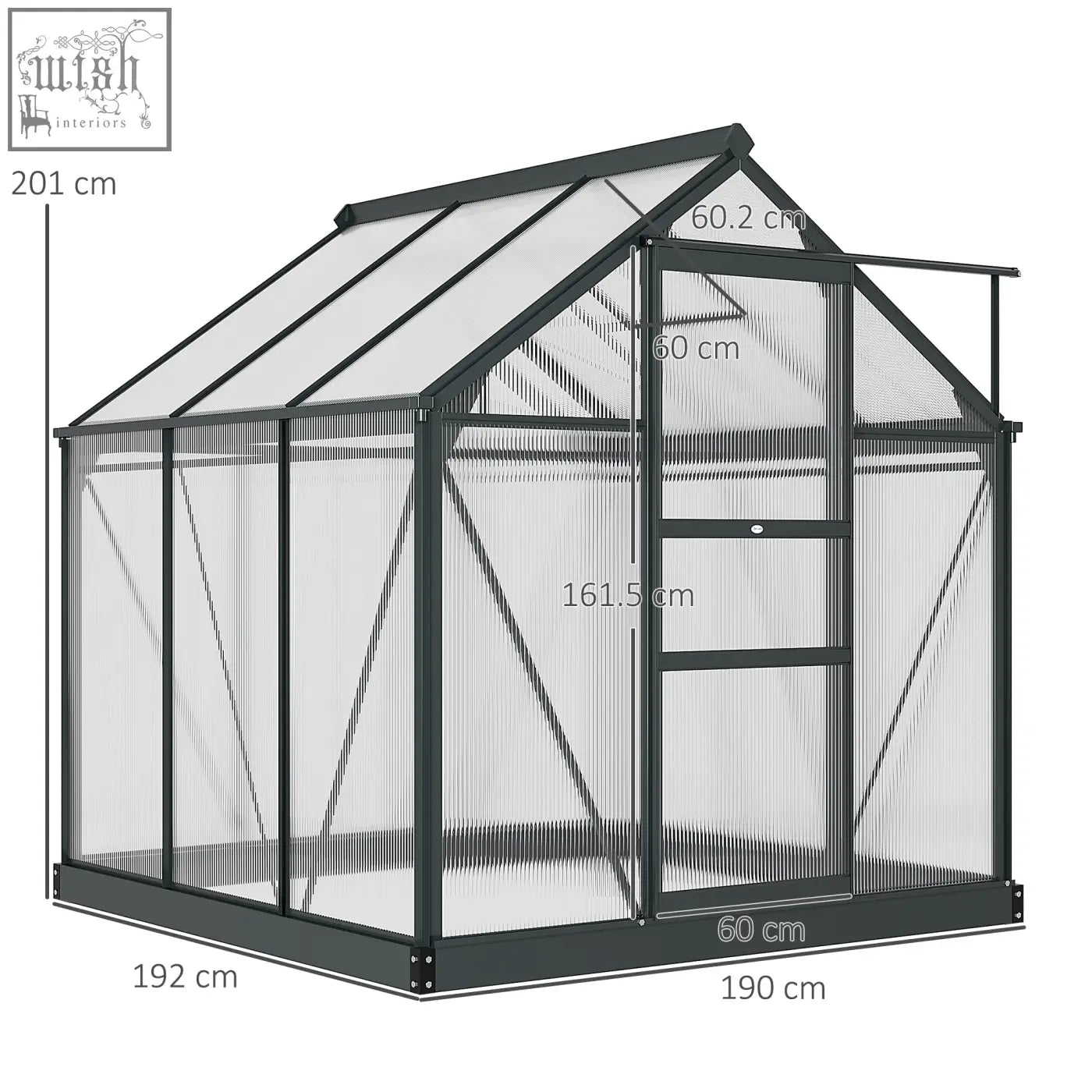 Black-framed outsunny 6 x 6ft greenhouse with aluminium frame, transparent panels, pitched roof, and four ground stakes included