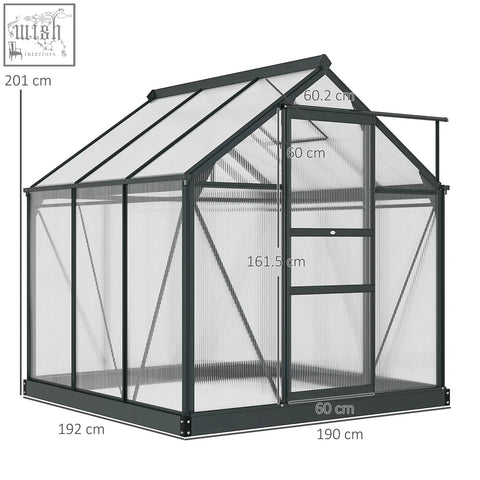 Black-framed outsunny 6 x 6ft greenhouse with aluminium frame, transparent panels, pitched roof, and four ground stakes included