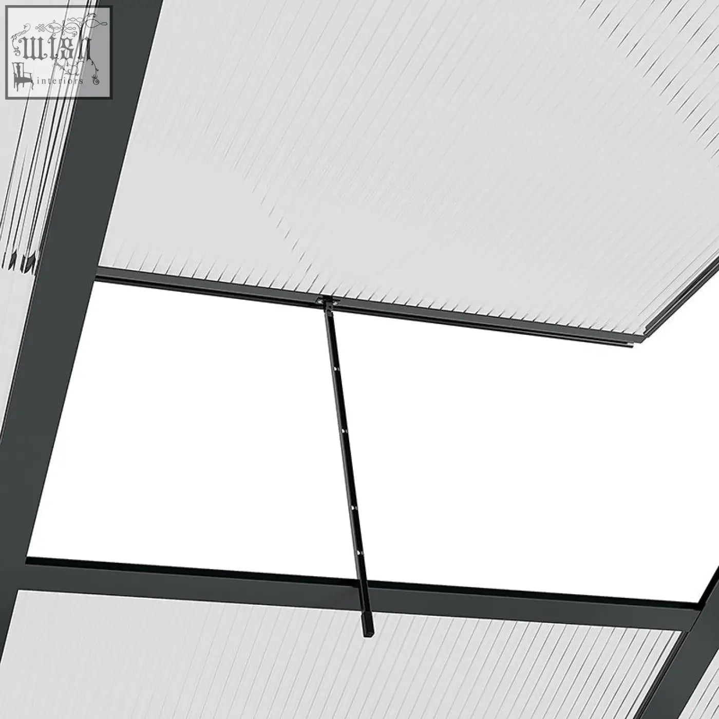Black-framed skylight with translucent ribbed panels and central support rod on outsunny 6x6ft greenhouse with aluminium frame and ground stakes included