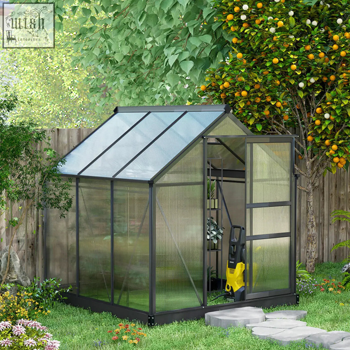 A black framed outsunny 6 x 6ft greenhouse with aluminium frame, transparent panels, slide door, and ground stakes included