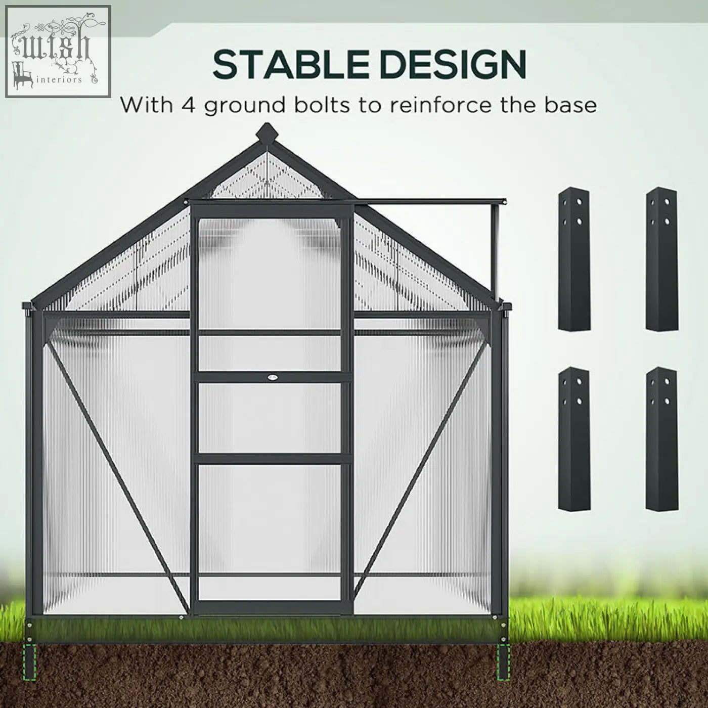 Outsunny 6 x 6ft polycarbonate greenhouse with grey aluminium frame and four ground stakes included for stability