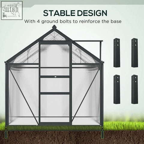 Outsunny 6 x 6ft polycarbonate greenhouse with grey aluminium frame and four ground stakes included for stability