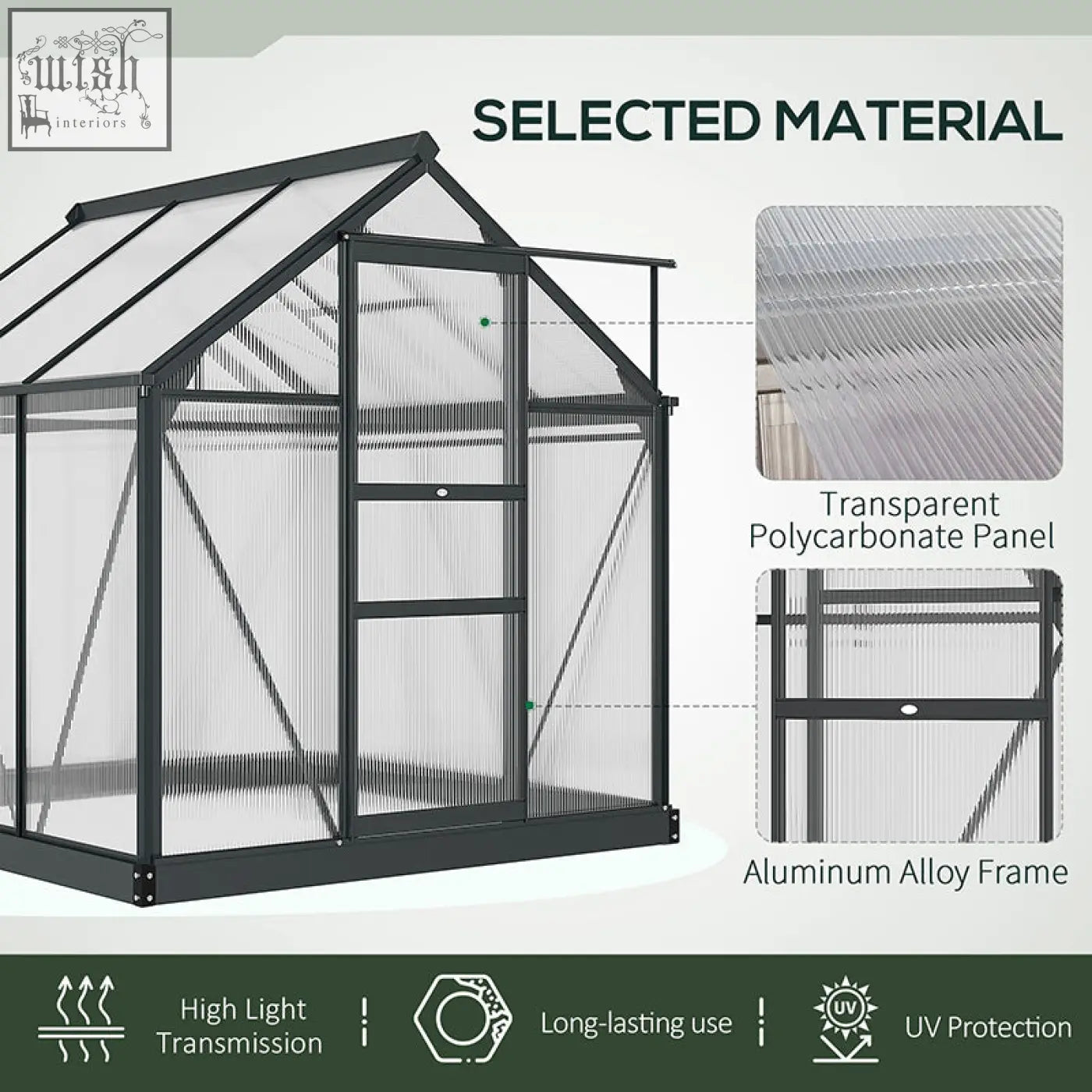 Black framed outsunny 6 x 6ft greenhouse with transparent polycarbonate panels aluminium frame and four ground stakes included
