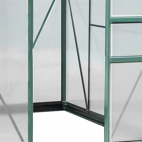 Green-framed outsunny 6x8ft greenhouse with aluminium frame, translucent ribbed panels, diagonal beams, and ground stakes included