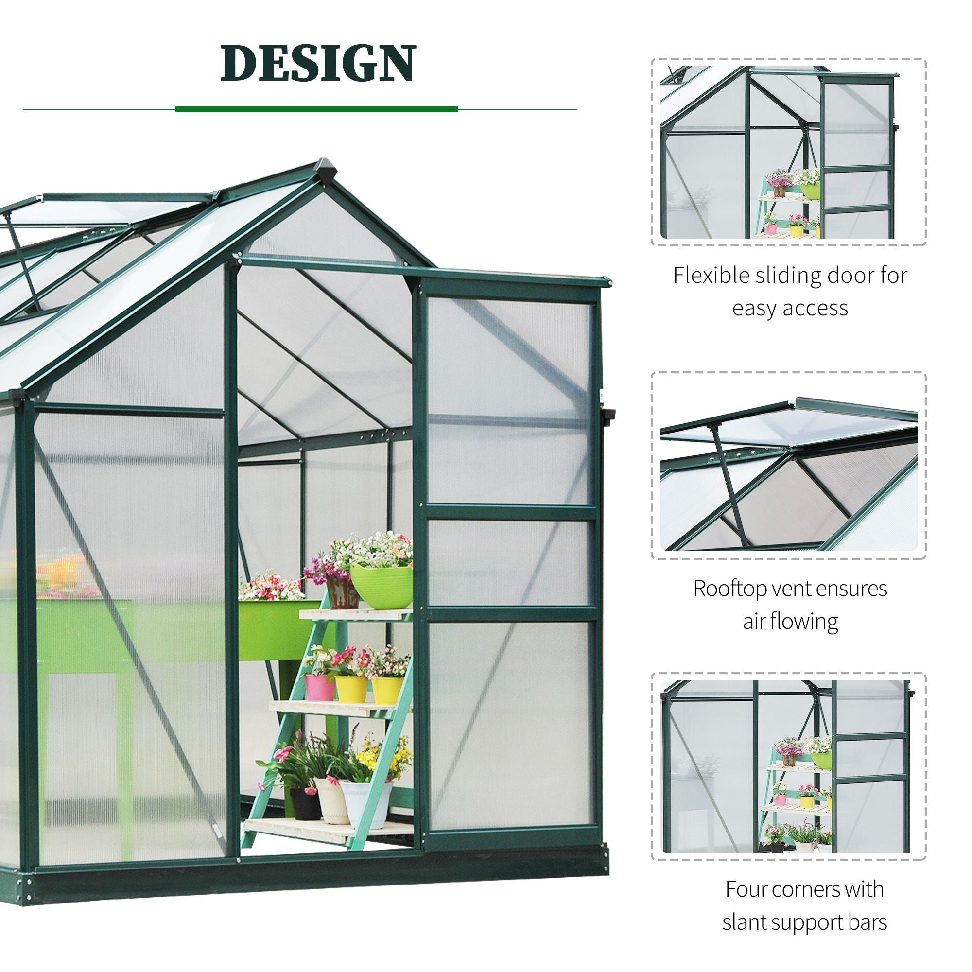 Green framed outsunny 6 x 8ft greenhouse with aluminium frame sliding door and four ground stakes included