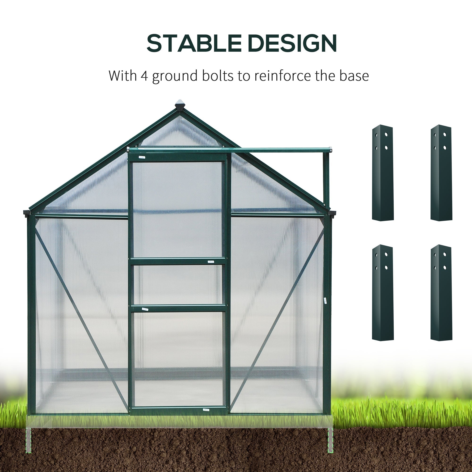 Green framed outsunny 6 x 8ft greenhouse with aluminium frame and four ground stakes included for stability
