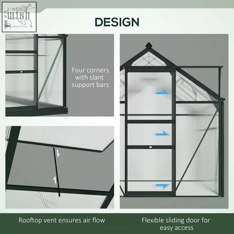 Outsunny 6x8ft polycarbonate greenhouse with aluminium frame grey translucent panels and flexible sliding door four ground stakes included