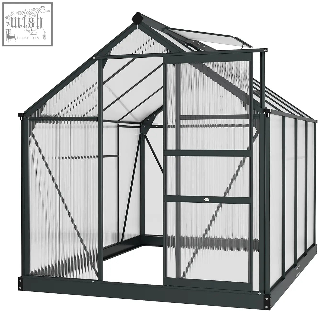 Black-framed outsunny 6 x 8ft greenhouse with aluminium frame, ribbed polycarbonate panels, and ground stakes included