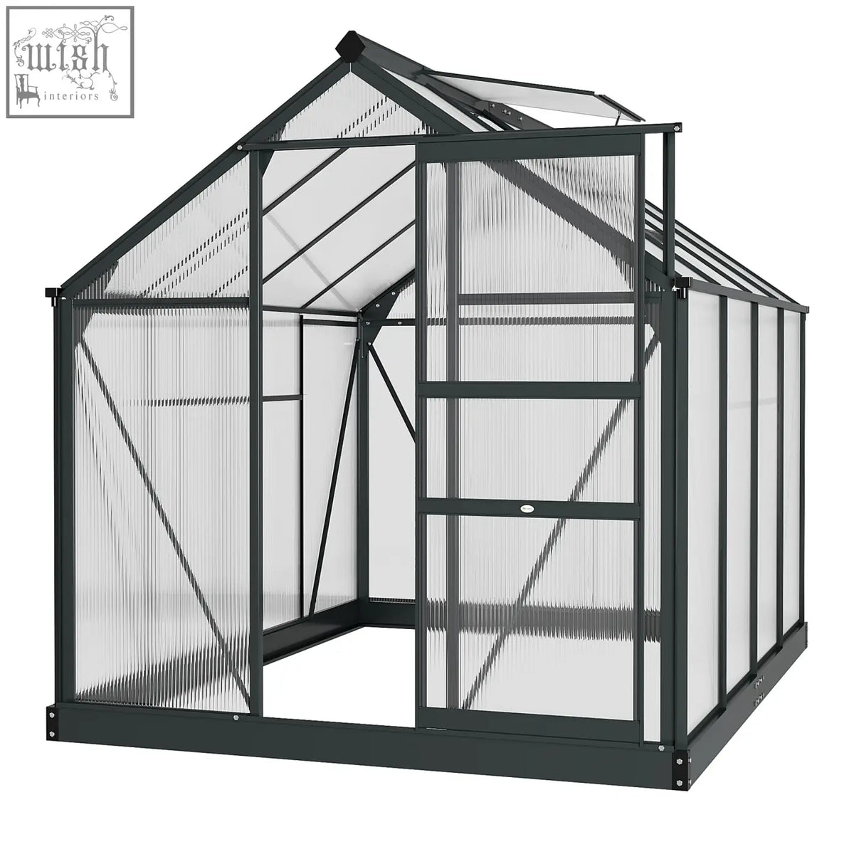 Black-framed outsunny 6 x 8ft greenhouse with aluminium frame, ribbed polycarbonate panels, and ground stakes included