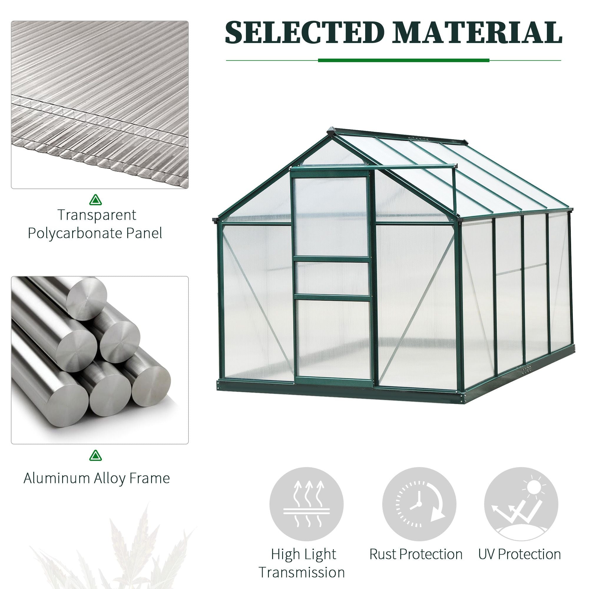 Outsunny 6 x 8ft greenhouse with green aluminium frame, transparent panels, slide door, window, and four ground stakes included