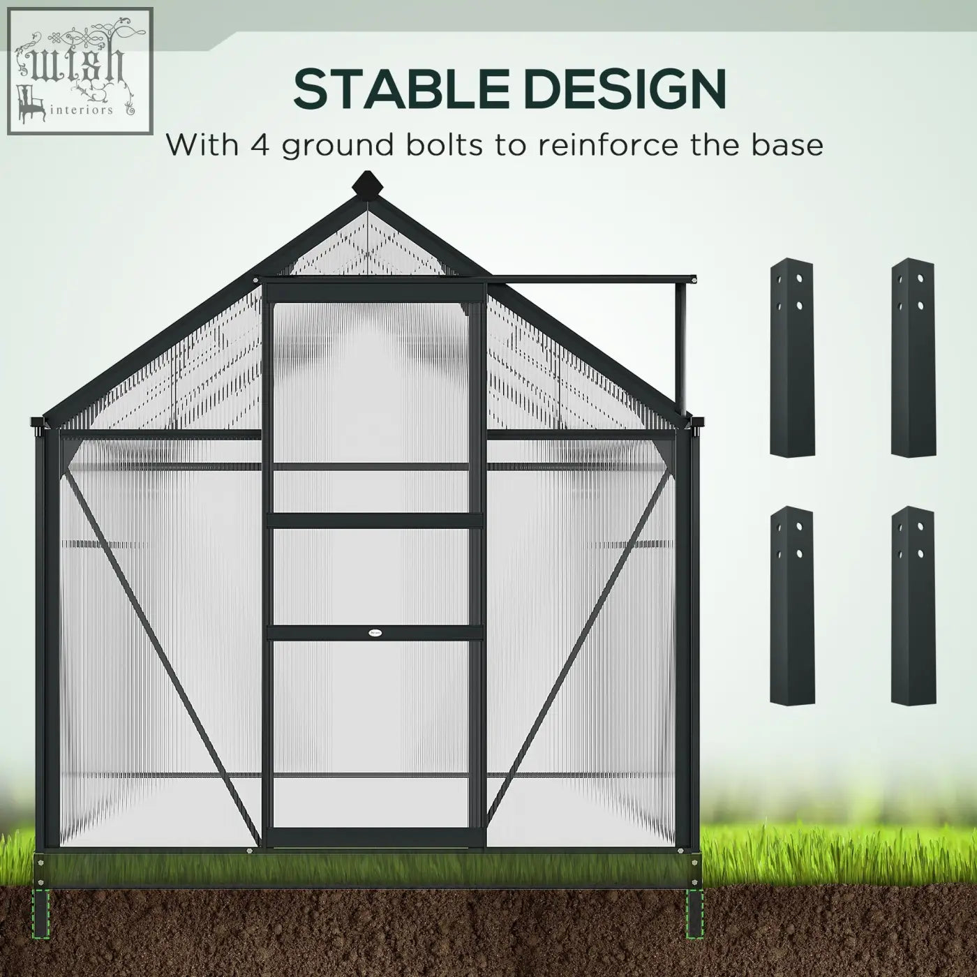 Black metal greenhouse with transparent panels, aluminium frame, peaked roof, and four ground stakes included for stability