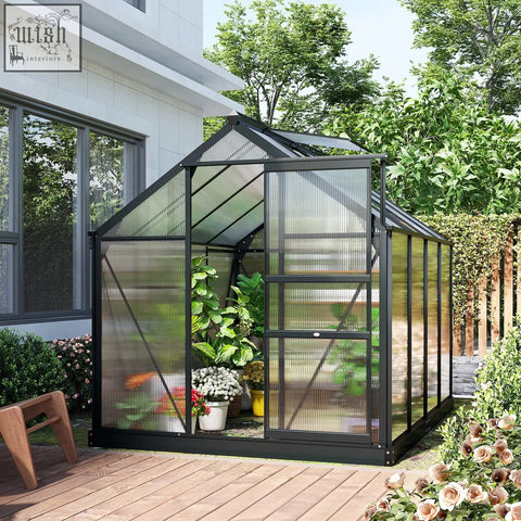 Black framed outsunny 6 x 8ft greenhouse with translucent ribbed glass panels aluminium frame and four ground stakes included