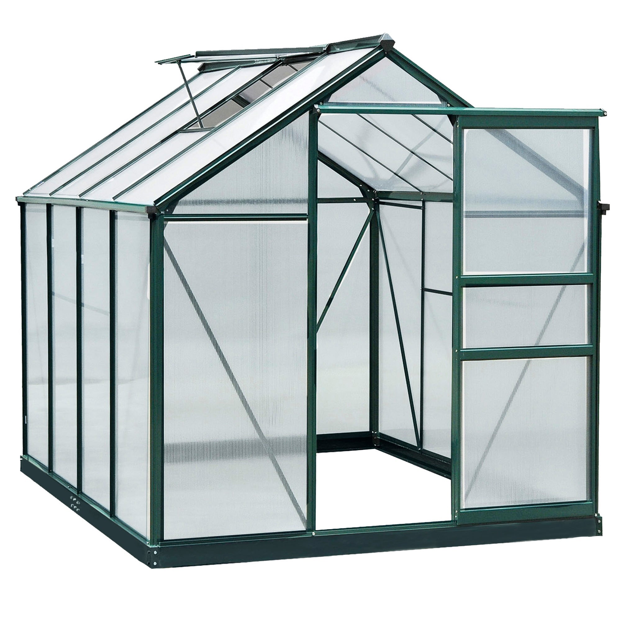 Green framed outsunny 6x8ft greenhouse with aluminium frame, ribbed polycarbonate panels, window, and four ground stakes included