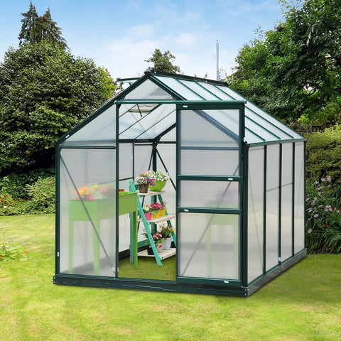 Green-framed outsunny 6 x 8ft greenhouse with aluminium frame, four ground stakes included, clear panels, and plant shelves