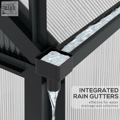Backside view of black square rain gutter downspout with integrated drainage on grey aluminium frame outsunny greenhouse with ground stakes included