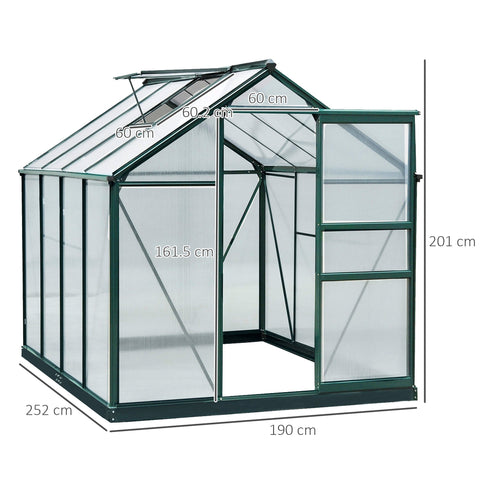 Green framed 6 x 8ft outsunny greenhouse with aluminium frame transparent panels slide door and ground stakes included