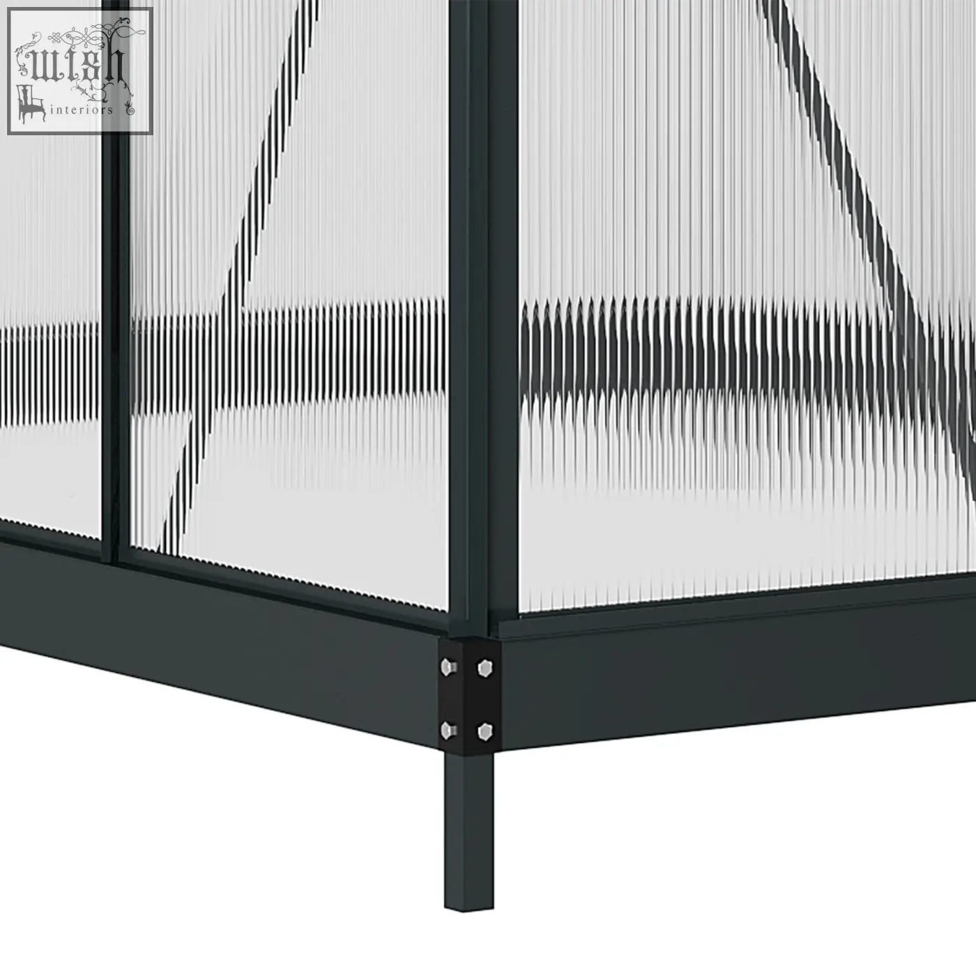 Black framed outsunny 6 x 8ft greenhouse with aluminium frame, translucent panels, slide door, window, and four ground stakes included