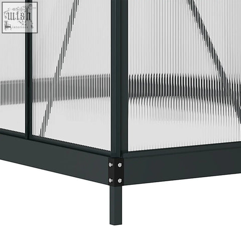 Black framed outsunny 6 x 8ft greenhouse with aluminium frame, translucent panels, slide door, window, and four ground stakes included