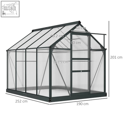 Outsunny 6 x 8ft grey greenhouse with aluminium frame, transparent panels, slide door, window, and ground stakes included