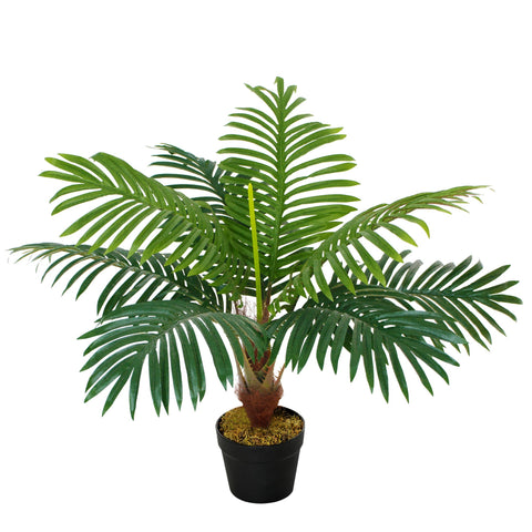 A lush artificial palm tree with feathery green fronds in a sleek black pot perfect for indoor outdoor décor