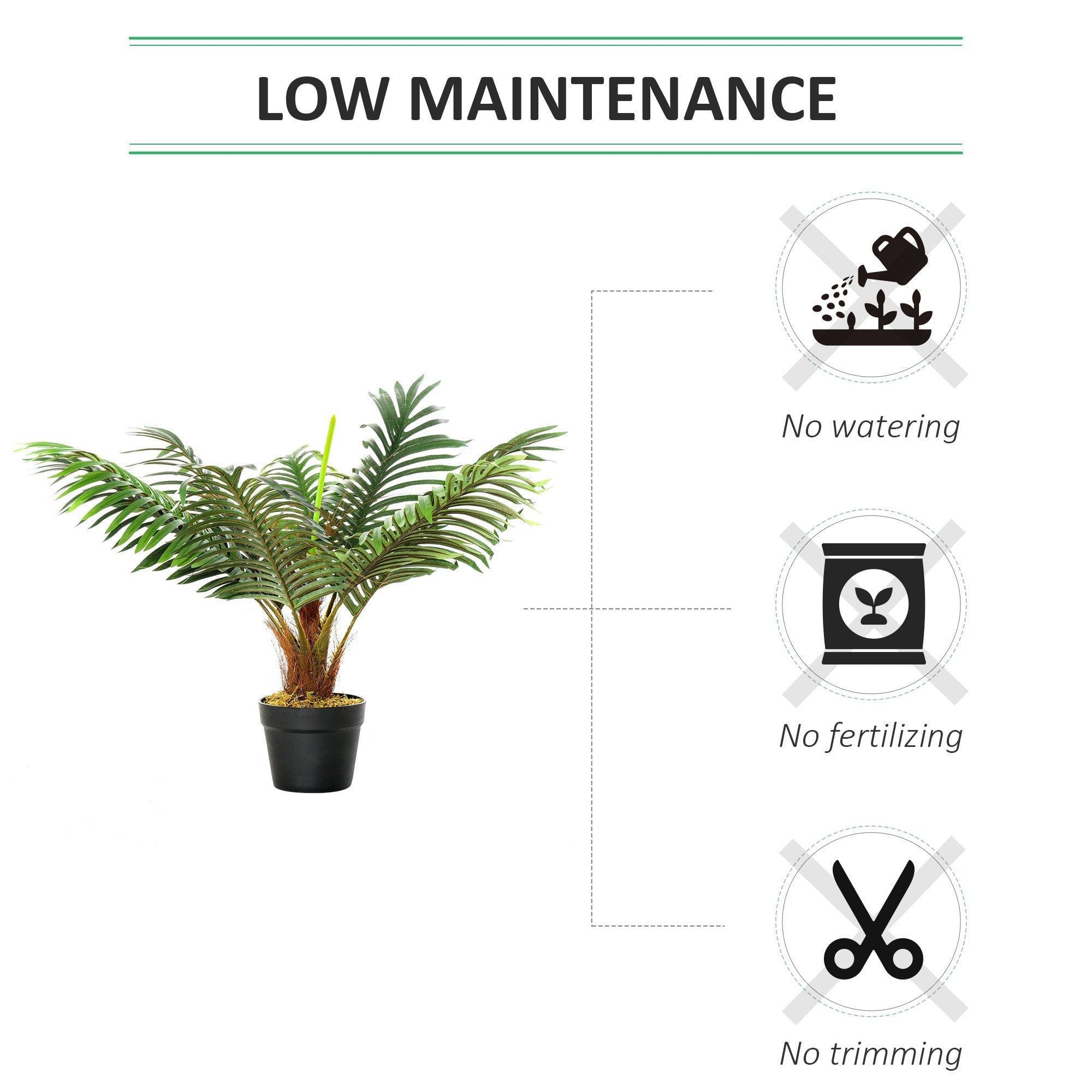 Outsunny 60cm artificial palm plant with green leaves in a black cement-filled pot for indoor outdoor decor