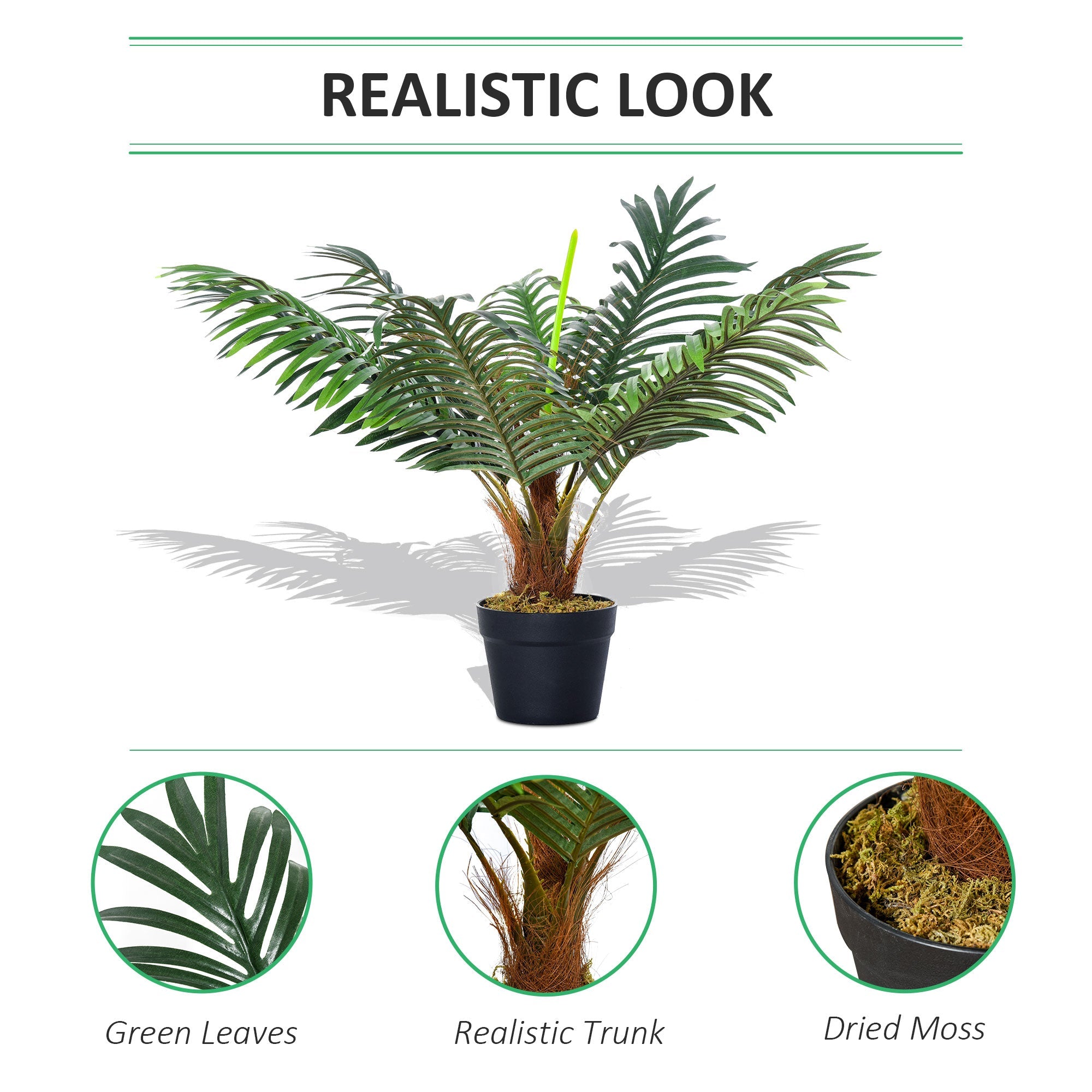 Outsunny 60cm artificial palm tree with green leaves realistic trunk and dried moss in black nursery pot for indoor outdoor décor