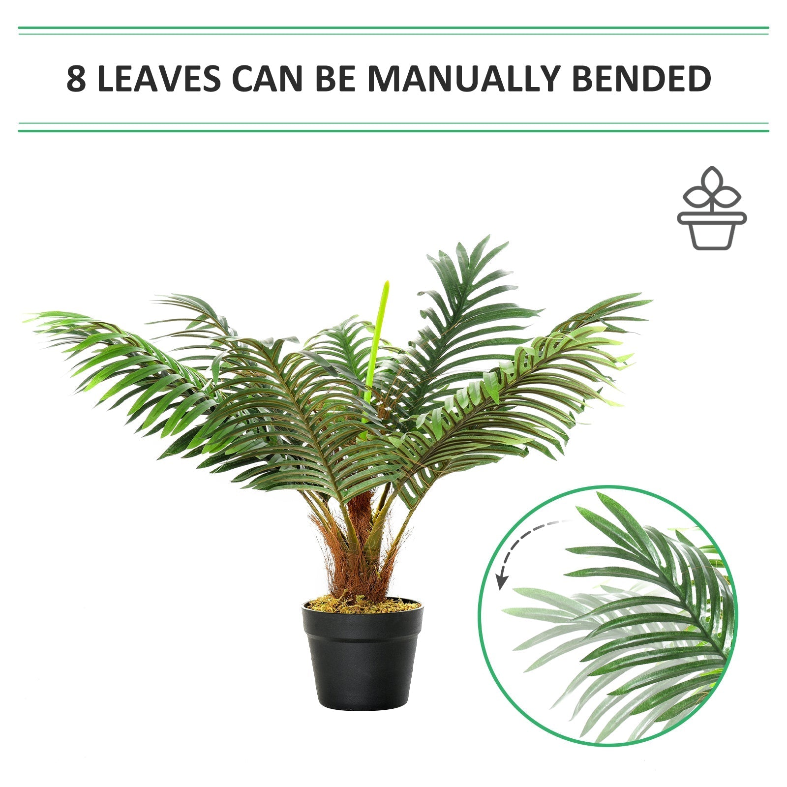 Green artificial palm plant with 8 flexible leafy fronds in a cement-filled black pot for indoor outdoor décor
