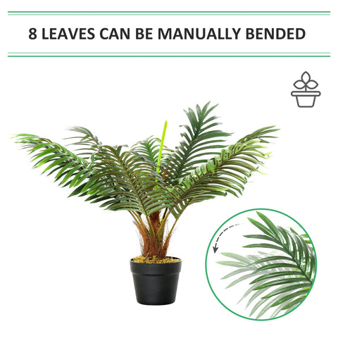 Green artificial palm plant with 8 flexible leafy fronds in a cement-filled black pot for indoor outdoor décor