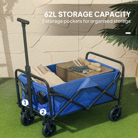Blue outsunny 62l folding wagon with black frame made of splash-resistant oxford fabric cargo bag included