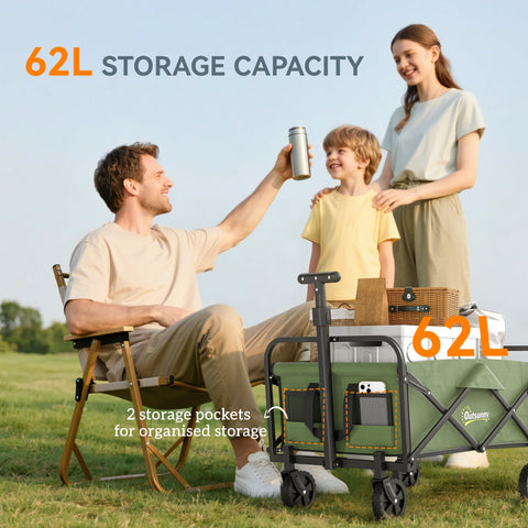 Green outsunny 62l foldable wagon with black frame and wheels made of splash-resistant oxford fabric cargo bag included