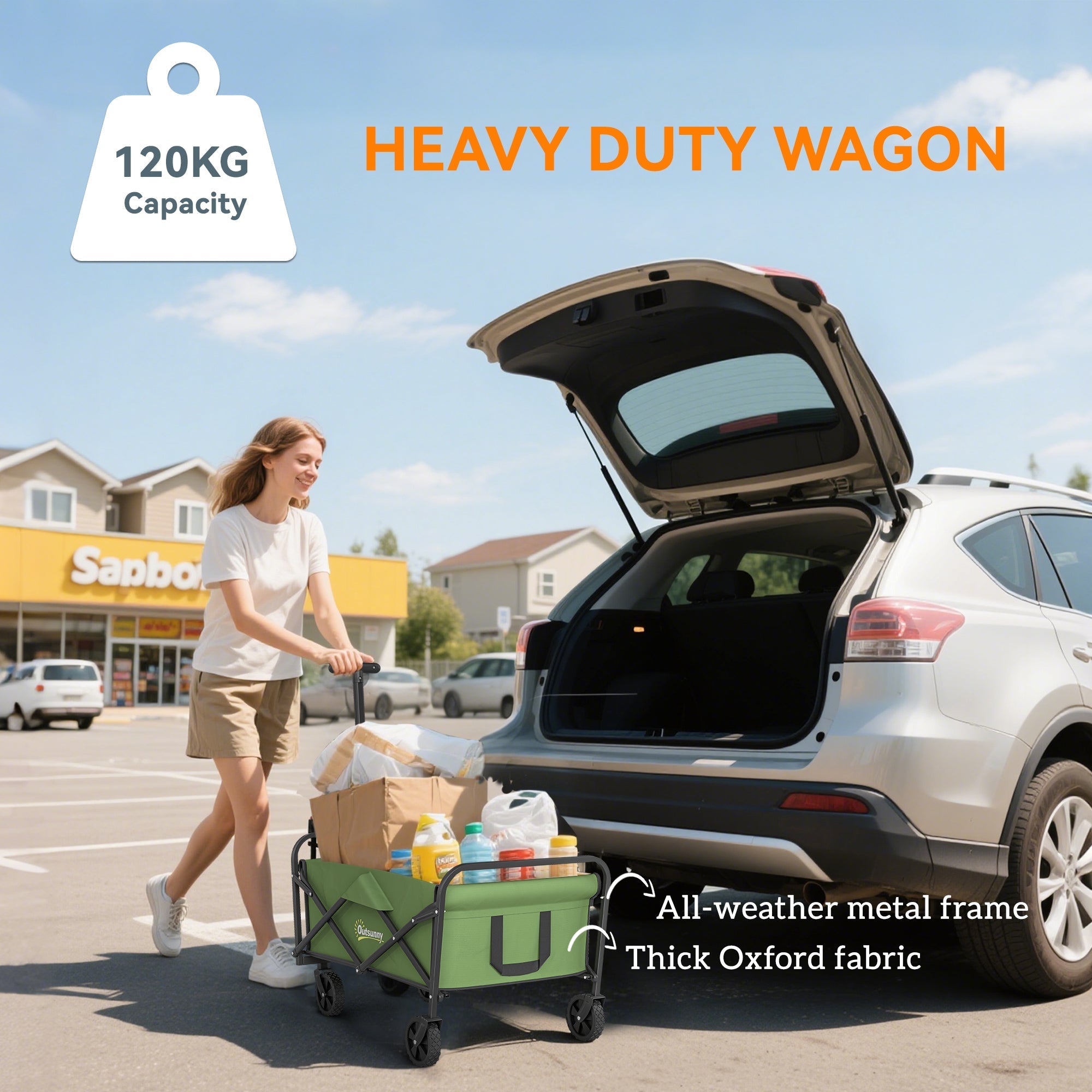 Green foldable outsunny wagon with splash-resistant oxford fabric and metal frame perfect for camping and festivals cargo bag included