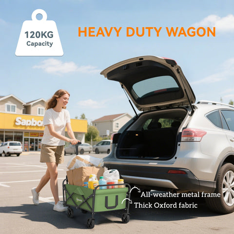 Green foldable outsunny wagon with splash-resistant oxford fabric and metal frame perfect for camping and festivals cargo bag included