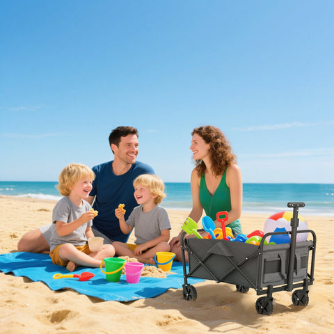 Gray foldable beach wagon with black wheels and handle made of splash-resistant oxford fabric filled with colorful sand toys